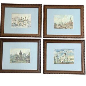 Vintage Four Original Russian Churches Watercolor Paintings 9.5" X 11.5" Framed